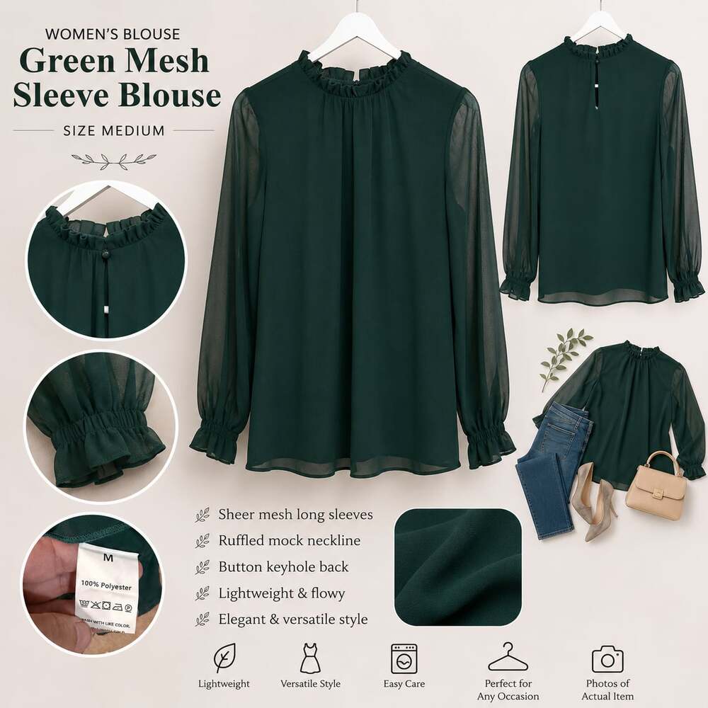 Women's Green Mock Neck Blouse with Sheer Mesh Long Sleeves